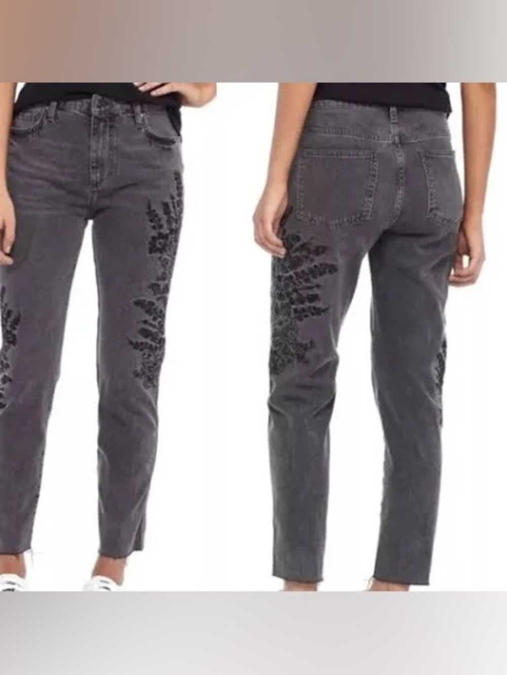 Free People We The Free Embroidered Girlfriend Jeans Black Grey Size 29